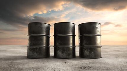 Three barrels are centered, radiating industrial energy on a gritty plane beneath a sky painted with sunset hues, portraying themes of storage and resource.