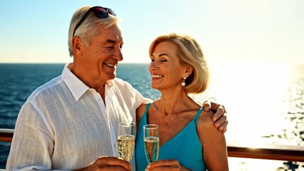A joyful couple celebrates with champagne on a sunlit cruise deck overlooking the open sea. embrace moments of happiness and companionship in serene coastal settings.