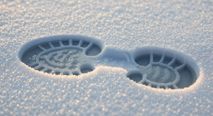 Shoe footprints in fresh snow creating patterns on winter ground  