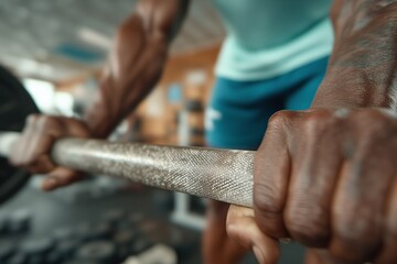 African American man lifting barbell in gym showcasing strength and determination during workout