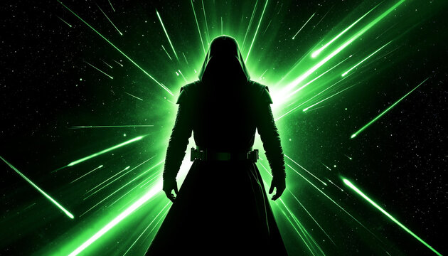 Mysterious figure silhouetted against vibrant green cosmic background  