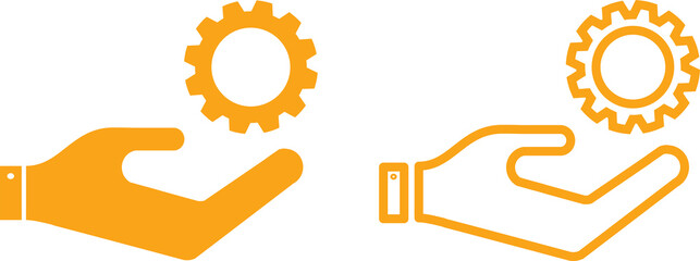 Orange hand holding gear settings support icon vector illustration