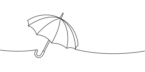 Minimal umbrella outline leaning on a flowing line. Simple modern vector design for seasonal rain and weather illustration themes © Lifeking