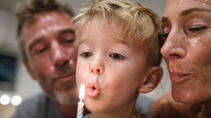 Child blowing out birthday candle with parents, joyful family celebration moment.