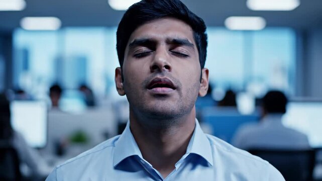 In a bustling office, a young man takes a moment to close his eyes and breathe deeply. Surrounded by colleagues, he finds peace and maintains focus while balancing work stress.