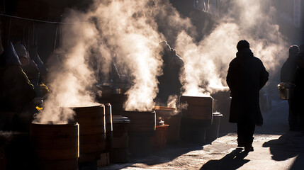 Amidst the bustling food scene, steaming containers hold culinary secrets. The light dances on the vapor, as people gather to eat. Aromatic clouds create a sensory haven.