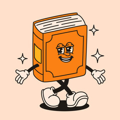 A cute book mascot character in a retro groovy style. Flat vector illustration.