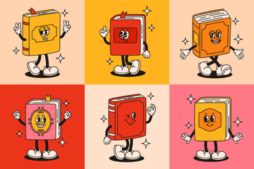 Groovy book characters in retro style. Flat vector illustration.