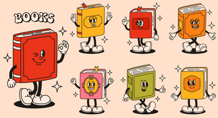 Mascot book characters in retro groovy style. Flat vector illustration.