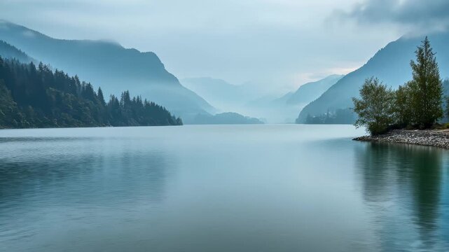 Calm lake surrounded by mountains during twilight with reflections of trees and hills in still water