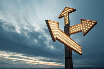 Illuminated retro-style signpost with three glowing arrows under dramatic sky, symbolizing choice, direction, and life decisions