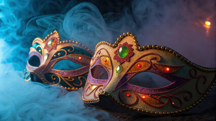 Mystical carnival illustration. Ornate carnival masks with glowing gems surrounded by mist create mysterious atmosphere