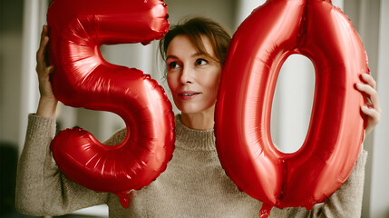 Celebrating a milestone! Woman with red foil number balloons, marking a special 50th birthday or anniversary. Joyful moments and achievements to celebrate.