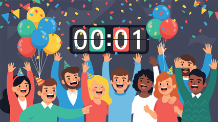 Modern flat vector illustration of friends celebrating a New Year countdown with confetti, balloons, and excitement. Perfect for party invitations, posters, and festive promotions