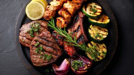 A delicious platter of grilled meats and vegetables. This image captures the vibrant colors and tempting textures of a gourmet barbecue. Perfect for food lovers. AI