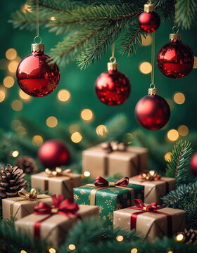 Adornos navide&ntilde;os rojos, una peque&ntilde;a caja de regalo envuelta y ramas de abeto iluminadas c&aacute;lidamente en primer plano. El fondo desenfocado con luces bokeh verdes crea una atm&oacute;sfera navide&ntilde;a acogedora