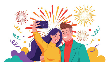 Modern flat vector illustration of a couple taking a New Year selfie with fireworks in the background. Ideal for lifestyle content, celebration visuals, and modern festive design