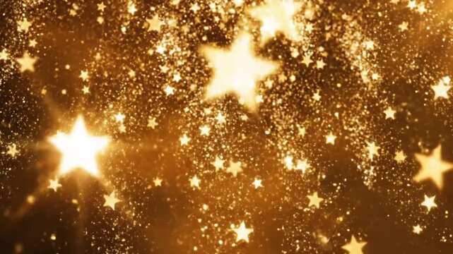 Golden sparkling stars falling like rain against a warm, blurred background, creating a festive and magical atmosphere with bokeh effects