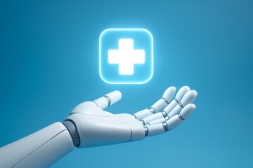 White robotic hand presenting glowing medical cross icon on blue background - concept of AI healthcare, telemedicine and digital diagnostics