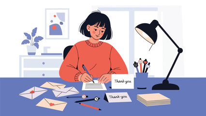 Modern flat vector illustration of a person writing thank-you cards after New Year celebrations. Ideal for gratitude messaging and lifestyle content
