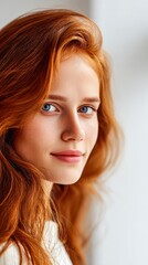 Naklejka premium Young woman with red hair looks at the camera with clear eyes in indoor setting