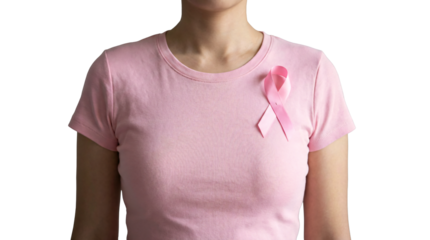 Woman in pink t‑shirt wearing breast cancer awareness ribbon - pinned on chest, symbolizing support, prevention and health campaign. PNG