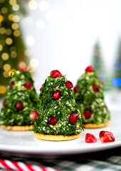 Three festive holiday appetizers shaped like small tree style snacks on a plate, decorated with fresh herbs and pomegranate seeds. Soft warm bokeh lights in the background add a seasonal mood.