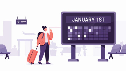 Modern flat vector illustration of a traveler with suitcase starting a new journey on New Year’s Day. Ideal for travel branding, motivation themes, and lifestyle visuals