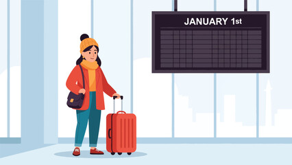 Modern flat vector illustration of a traveler with suitcase starting a new journey on New Year’s Day. Ideal for travel branding, motivation themes, and lifestyle visuals