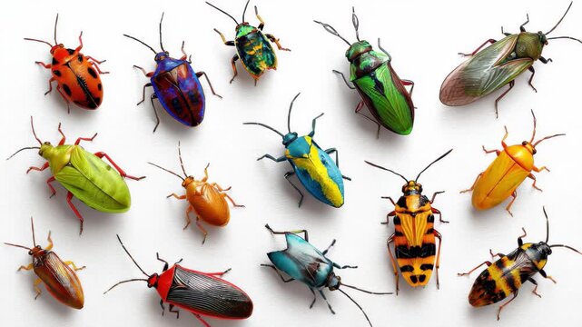 Colorful and diverse types of beetles displayed on a white surface showcasing their unique patterns and colors