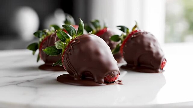 Delicious chocolate dipped strawberries on white marble surface sweet dessert treat