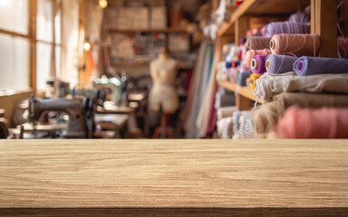 Blurred interior of a sewing workshop with equipment and a wooden tabletop in the foreground