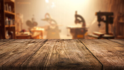 A blurred background of a workshop with drilling machines and a beautiful warm haze, with a wooden surface in the foreground