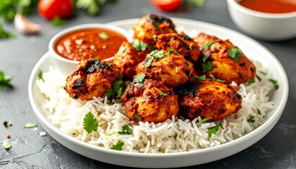 Fototapeta premium Grilled Chicken Tikka Masala Served on Basmati Rice with Sauce and Cilantro