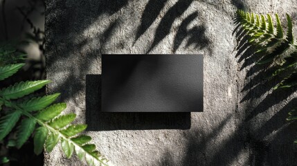 Blank black business card mockup on stone wall with architectural shadows