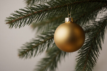 A golden Christmas ornament hanging from a pine branch, evoking festive joy and holiday cheer.