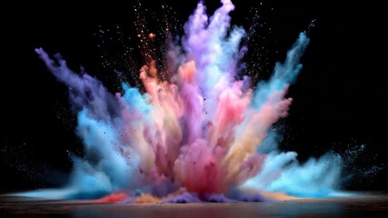 Colorful dust explosion occurs in a dark setting, creating vibrant clouds of pink, blue, and purple hues during an artistic event or experiment