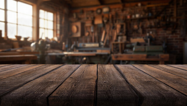A cozy workshop with a large window and a wall of tools and a wooden workbench in the foreground - Powered by Adobe