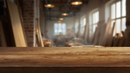 A small carpentry workshop with machines and boards, daylight streaming through large windows, a wooden surface in the foreground