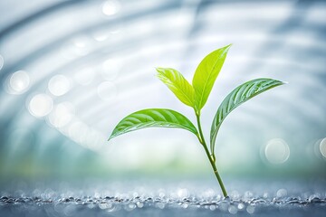A Young Plant is Growing Through the Surface With Droplets of Water