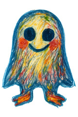 Cute Friendly Ghost & Colorful Monster &ndash; Hand-Drawn Crayon Art Character with Vibrant Childlike Doodle Style Elements Collection