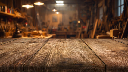 Blur craft workshop interior and empty wooden table top with space for products.