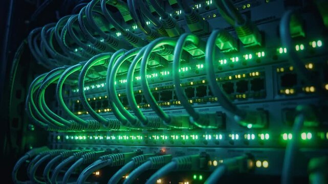 Illuminated Server Rack with Network Cables and Switches for Data Center Technology