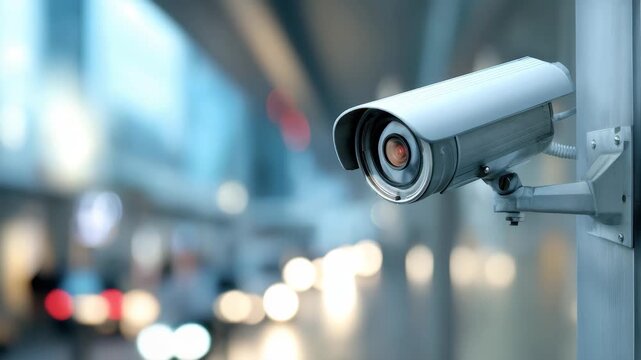 Surveillance camera monitoring urban area for security and safety purposes during daylight hours
