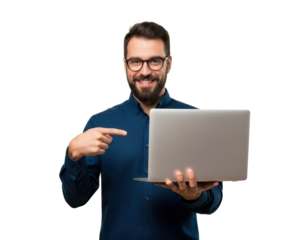 Happy Man with Laptop Pointing, Smiling, White Background