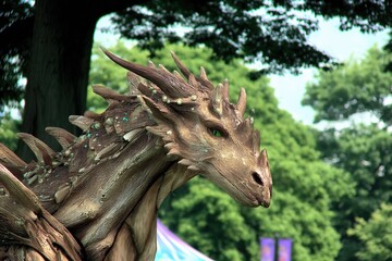 Dragons in a Wooded Area Engaging With People During a Fantasy Event in the Afternoon Light