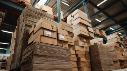 Stacks of cardboard boxes organized neatly in a warehouse during the day for storage and shipping in a busy logistics facility - Powered by Adobe