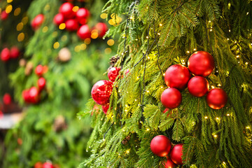 A Christmas tree with red ornaments and lights