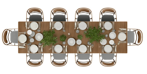 Long wooden dining table set for a formal meal with eight place settings