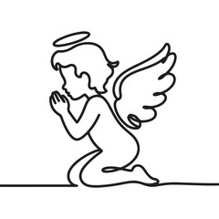 Fototapeta premium Continuous Line Drawing of a Praying Angel with Wings and Halo